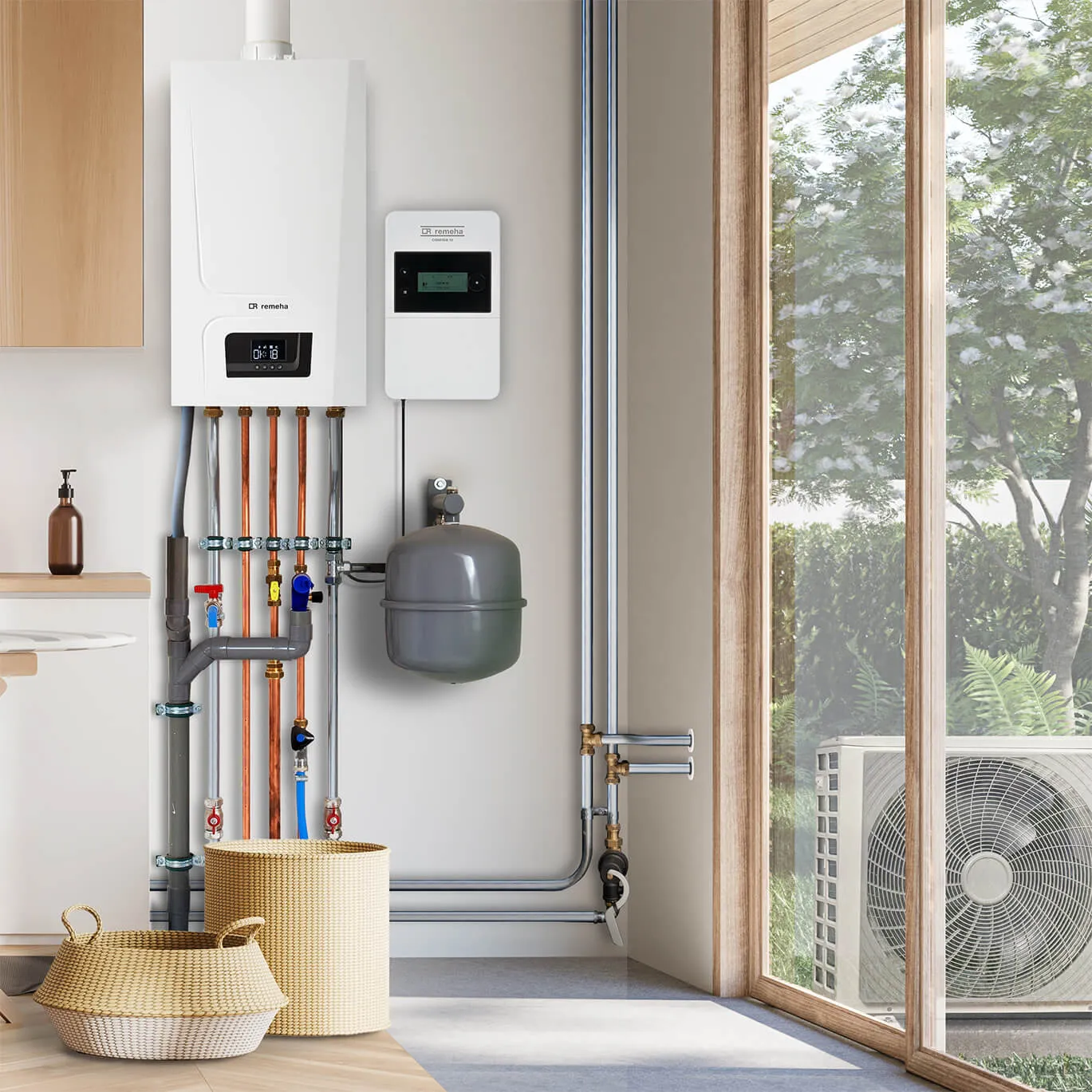 CV-ketel binnenunit met leidingwerk in technische ruimte