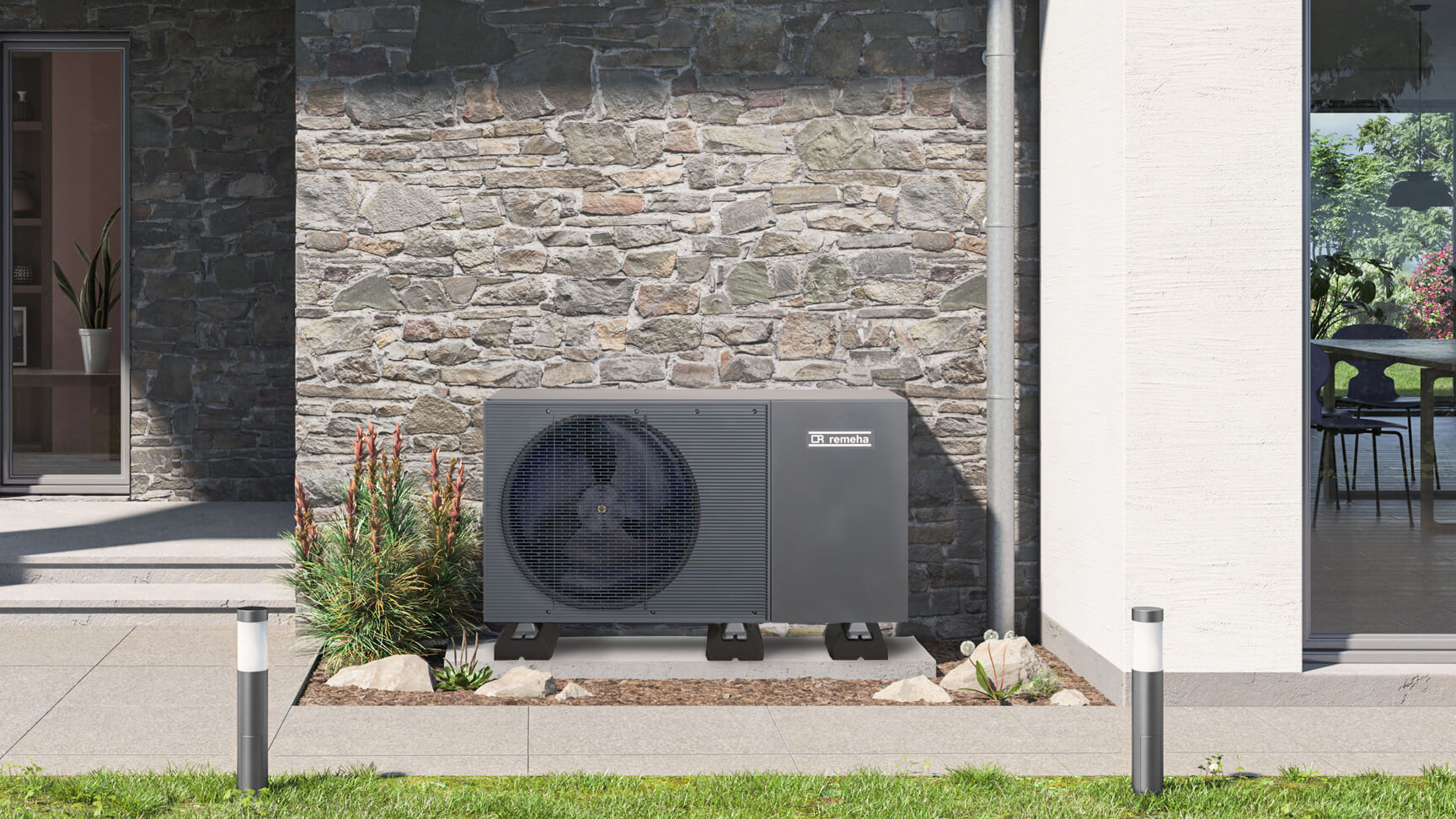 Warmtepomp buitenunit geplaatst naast woning