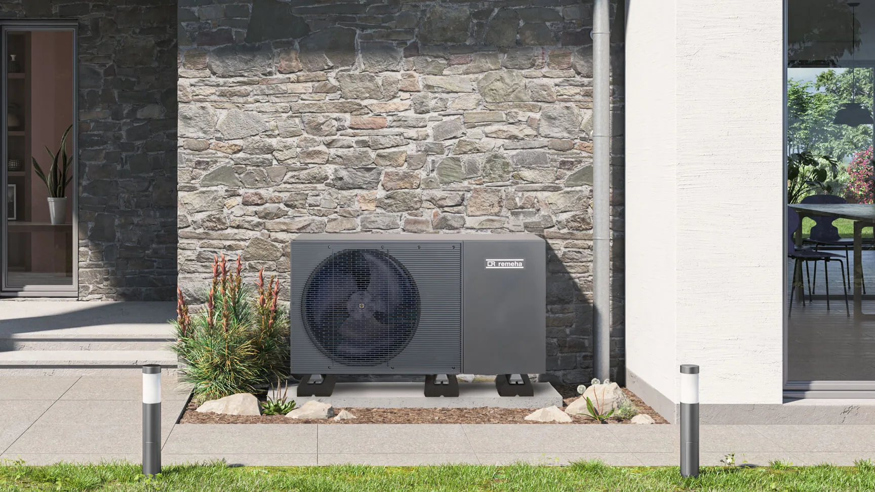 Warmtepomp buitenunit geplaatst naast woning